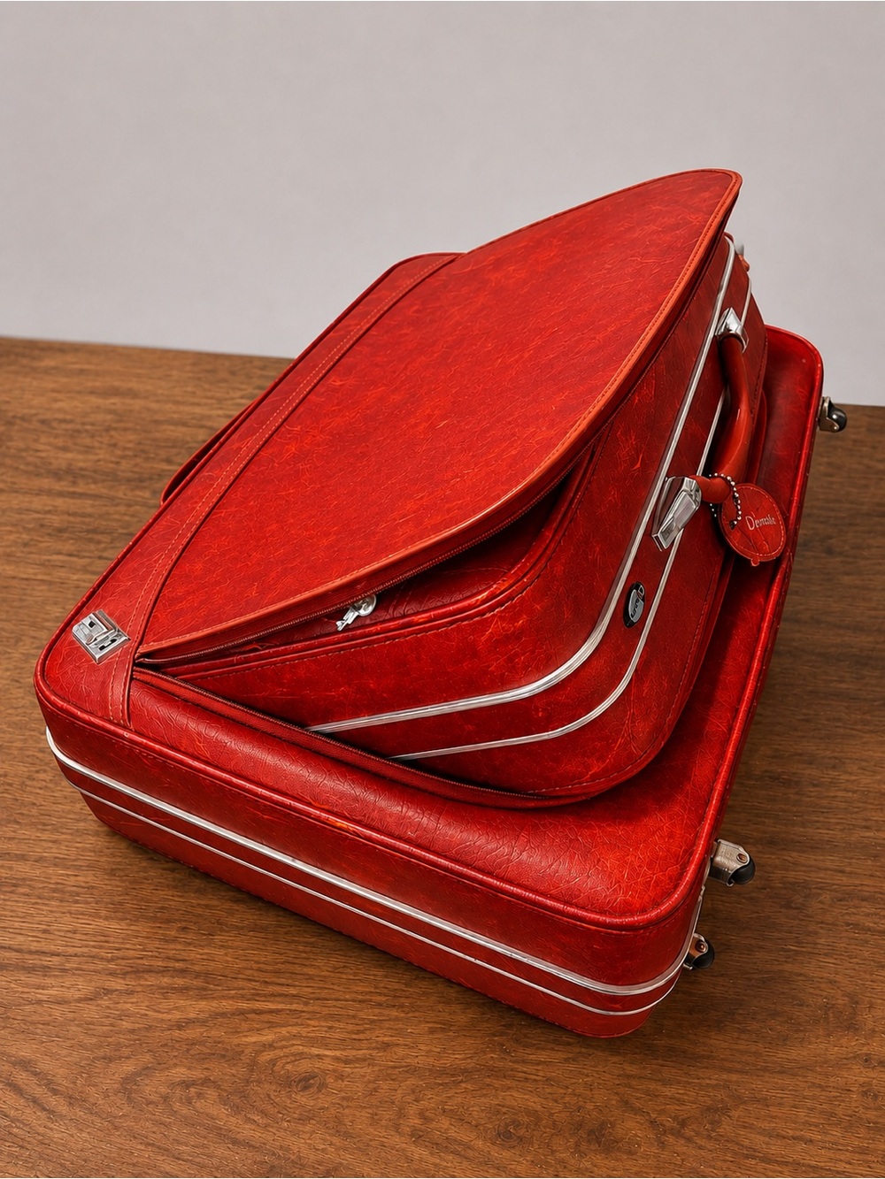 Vintage Dionite Red Luggage Set • Retro Rolling Suitcases • Made in Canada